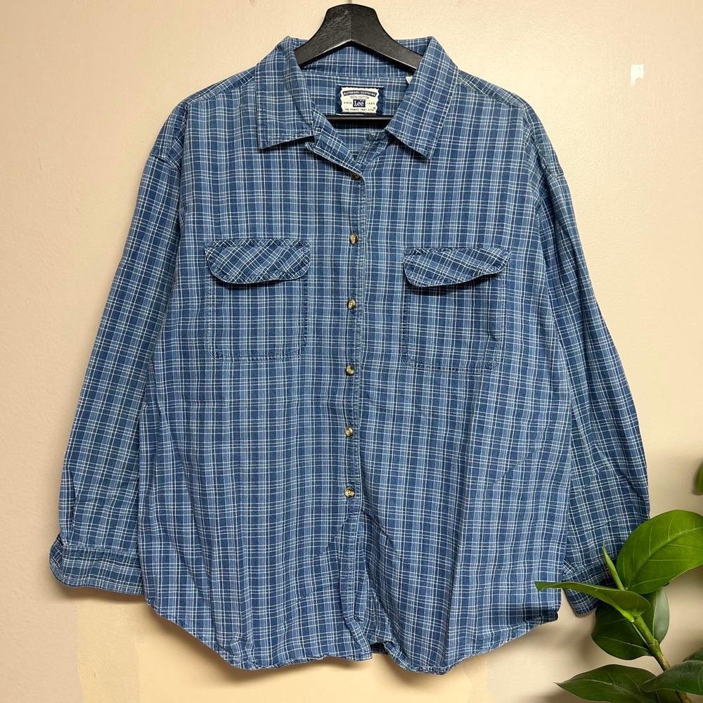 Vintage 90s Lee Blue Navy Checkered Loop Collar Button Up Shirt Mens L